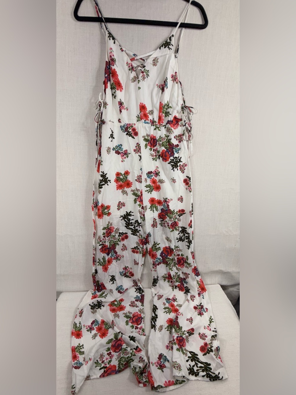 White Floral Wide-Leg Jumpsuit with Red & Pink Blooms